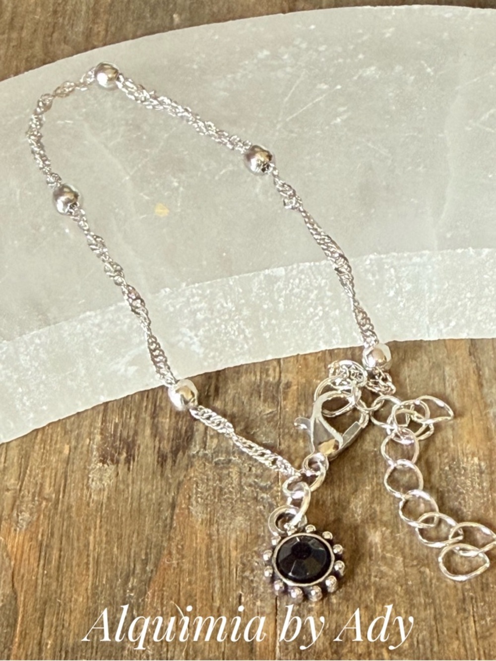 Simple boho Silver Bracelet with Black Gemstone Charm